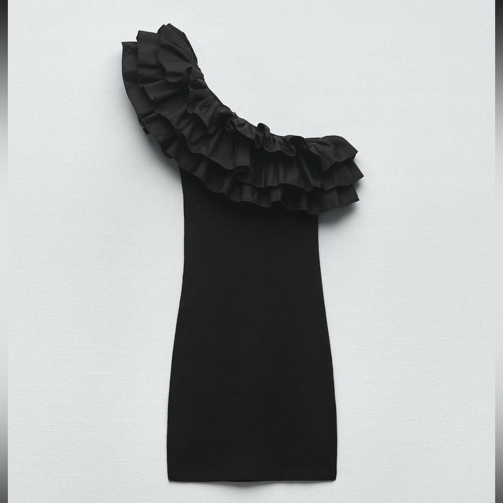 Zara Chic Black Ruffled One-Shoulder Dress